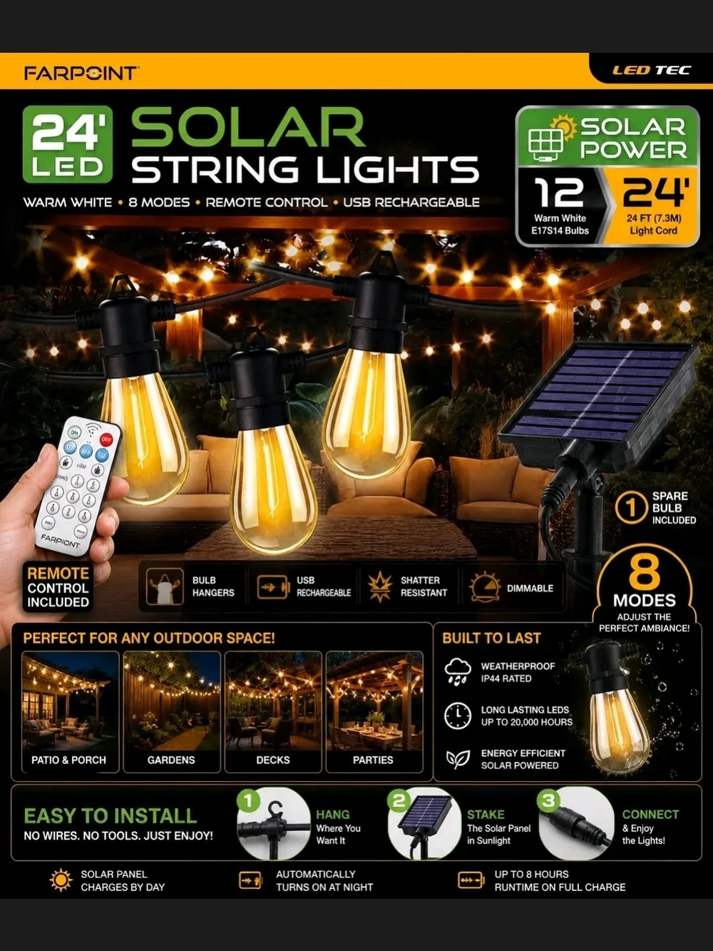 Warm White Solar String Lights - 24ft, 12 LED Bulbs